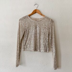 Chelsea & Violet Girls Champagne Sequin Sparkling Long Sleeve Cropped Top